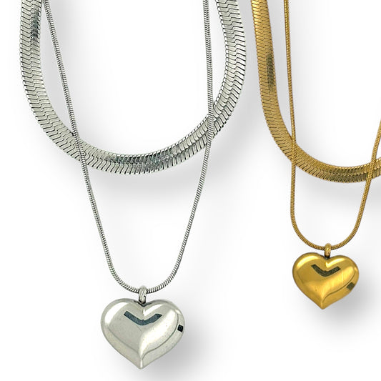 Two necklace SET snake chain and heart pendant double layer necklace in silver or gold tone