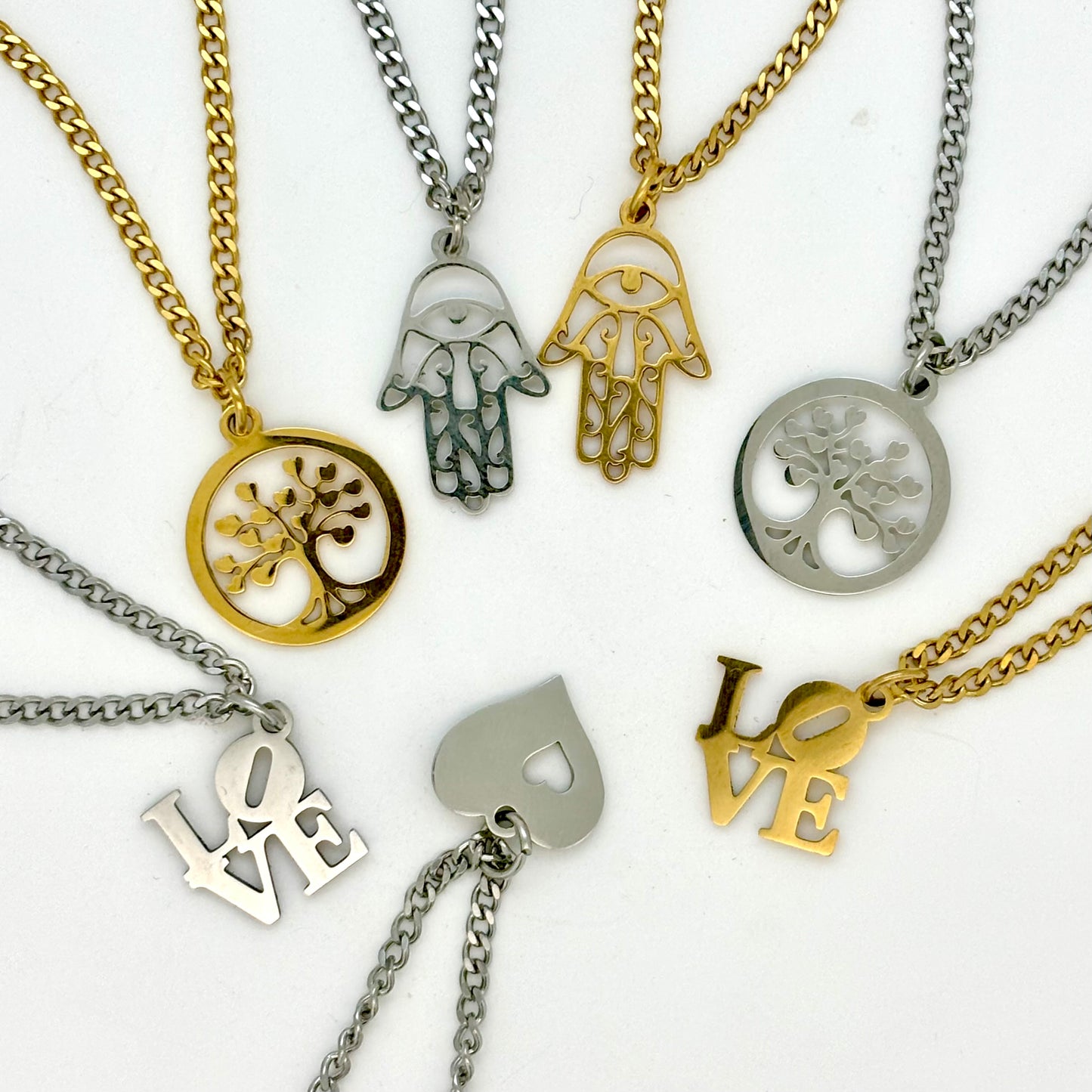 Love, heart, hamsa hand, tree of life pendant necklaces in silver or gold tone water and tarnish resistant