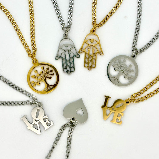 Love, heart, hamsa hand, tree of life pendant necklaces in silver or gold tone water and tarnish resistant