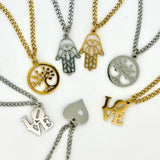 Love, heart, hamsa hand, tree of life pendant necklaces in silver or gold tone water and tarnish resistant