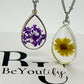 Real flower necklace with Silver chain 2.2cm tear drop resin pendant