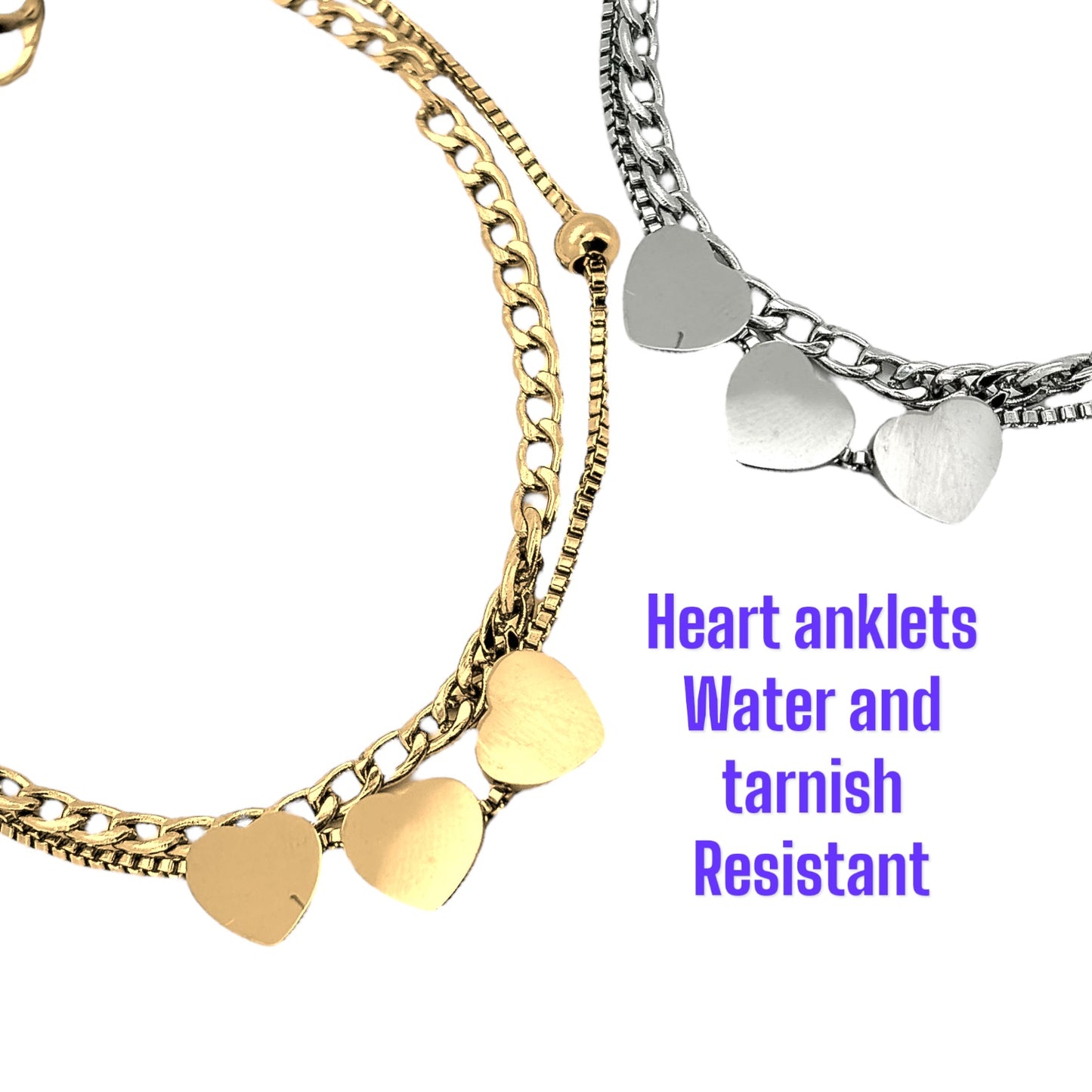 Heart anklet double row water and tarnish resistant stainless steel silver or gold tone A2