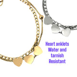 Heart anklet double row water and tarnish resistant stainless steel silver or gold tone A2