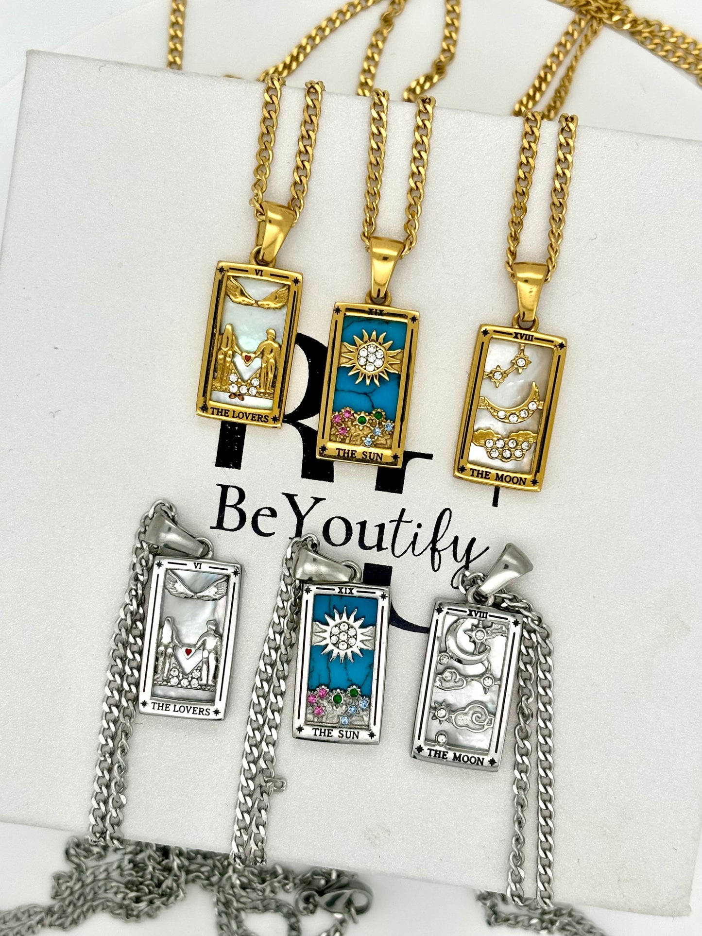 Tarot necklace in silver or gold, the lover, the sun, the moon, with stainless steel chain water and tarnish free