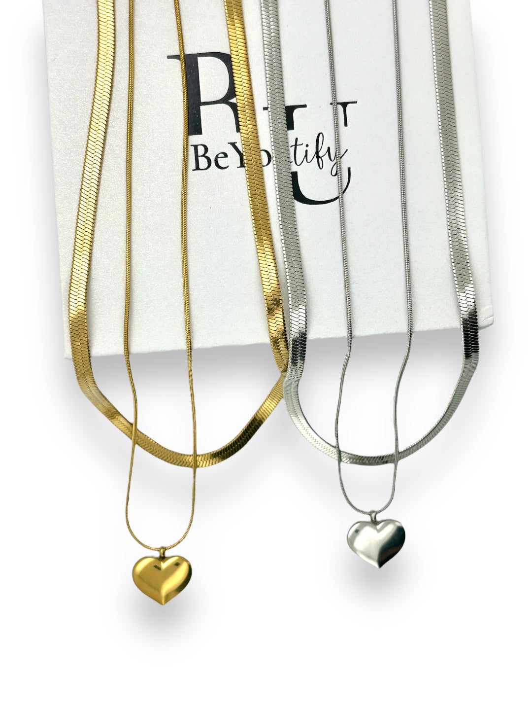 Two necklace SET snake chain and heart pendant double layer necklace in silver or gold tone