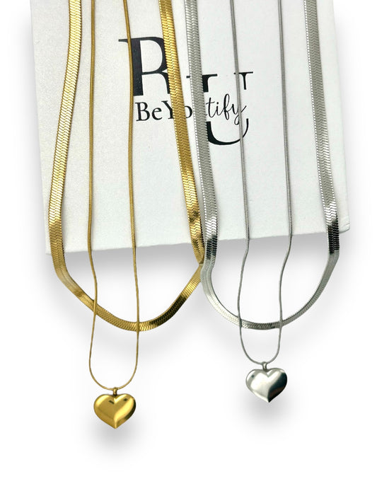 Two necklace SET snake chain and heart pendant double layer necklace in silver or gold tone