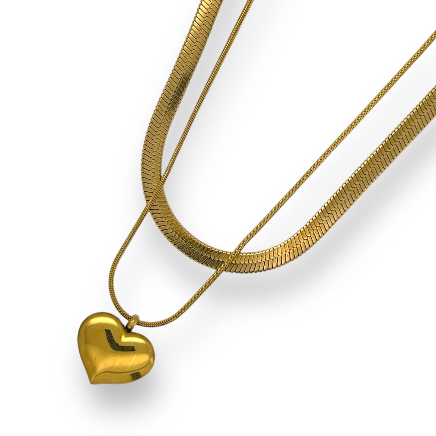 Two necklace SET snake chain and heart pendant double layer necklace in silver or gold tone