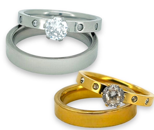 Engagement ring and wedding band ring set in Silver or Gold Stainless steel water resistant