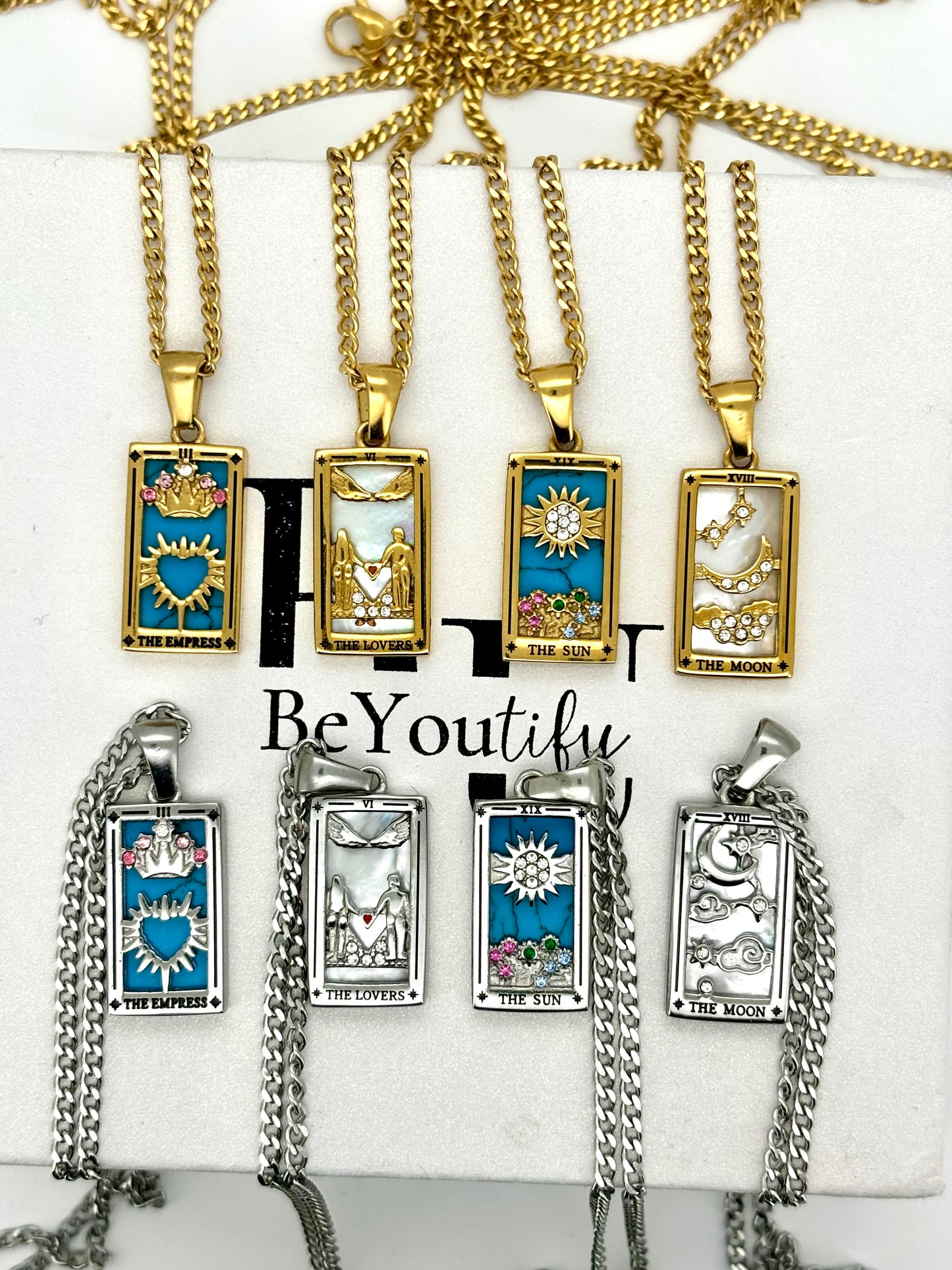 Tarot necklace in silver or gold, the lover, the sun, the moon, with stainless steel chain water and tarnish free