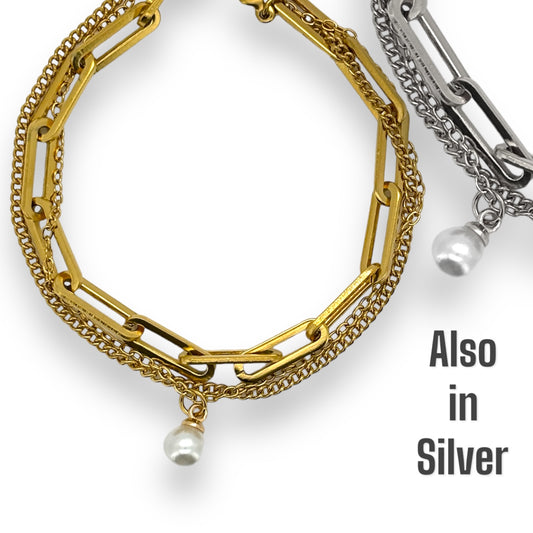 Three layer pearl bracelet in silver or gold tone stainless steel P68