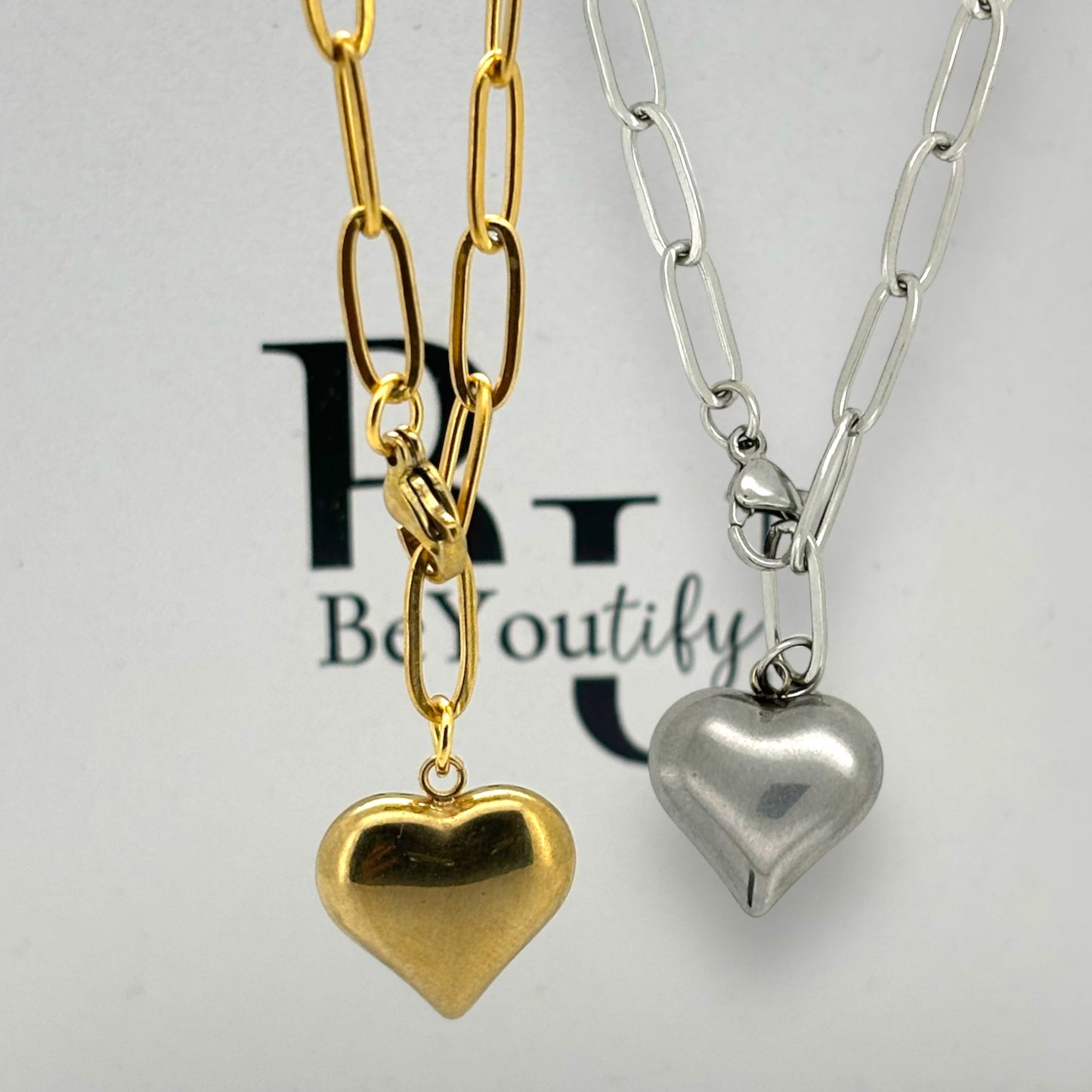 Heart pendant on paper clip chain water and tarnish resistant silver or gold tone stainless steel