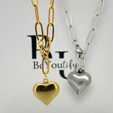 Heart pendant on paper clip chain water and tarnish resistant silver or gold tone stainless steel