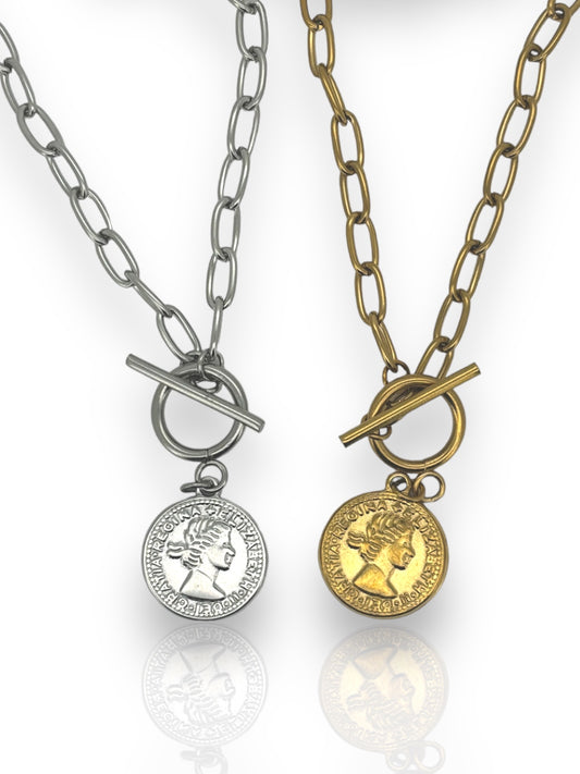 GRACEbu Old coin style necklace in silver or gold tone water and tarnish resistant Paperclip chain stainless steel P36 unisex male female