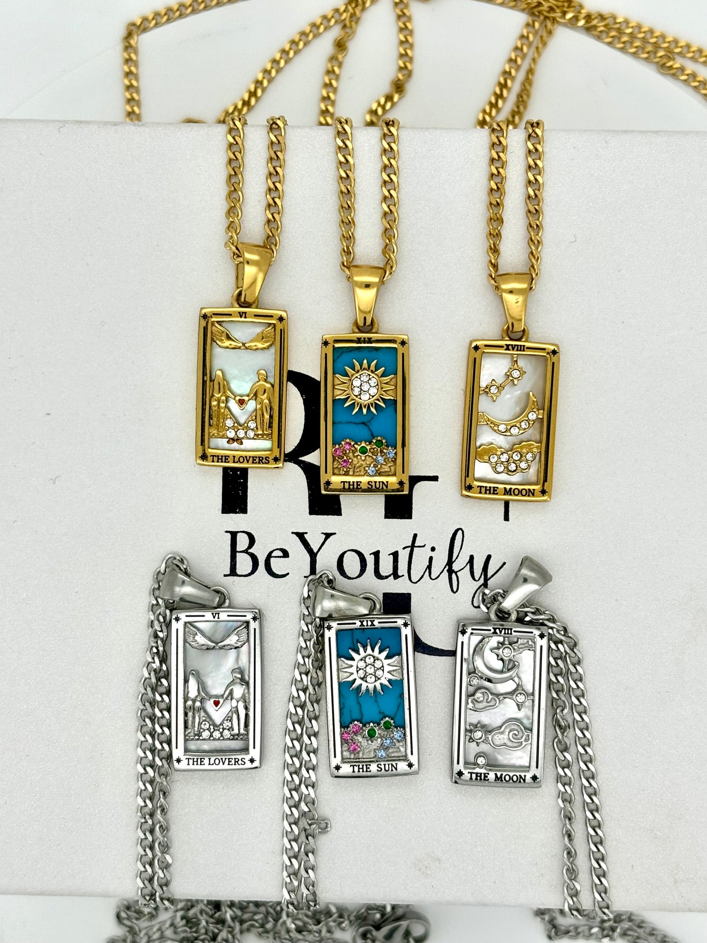 Tarot necklace in silver or gold, the lover, the sun, the moon, with stainless steel chain water and tarnish free