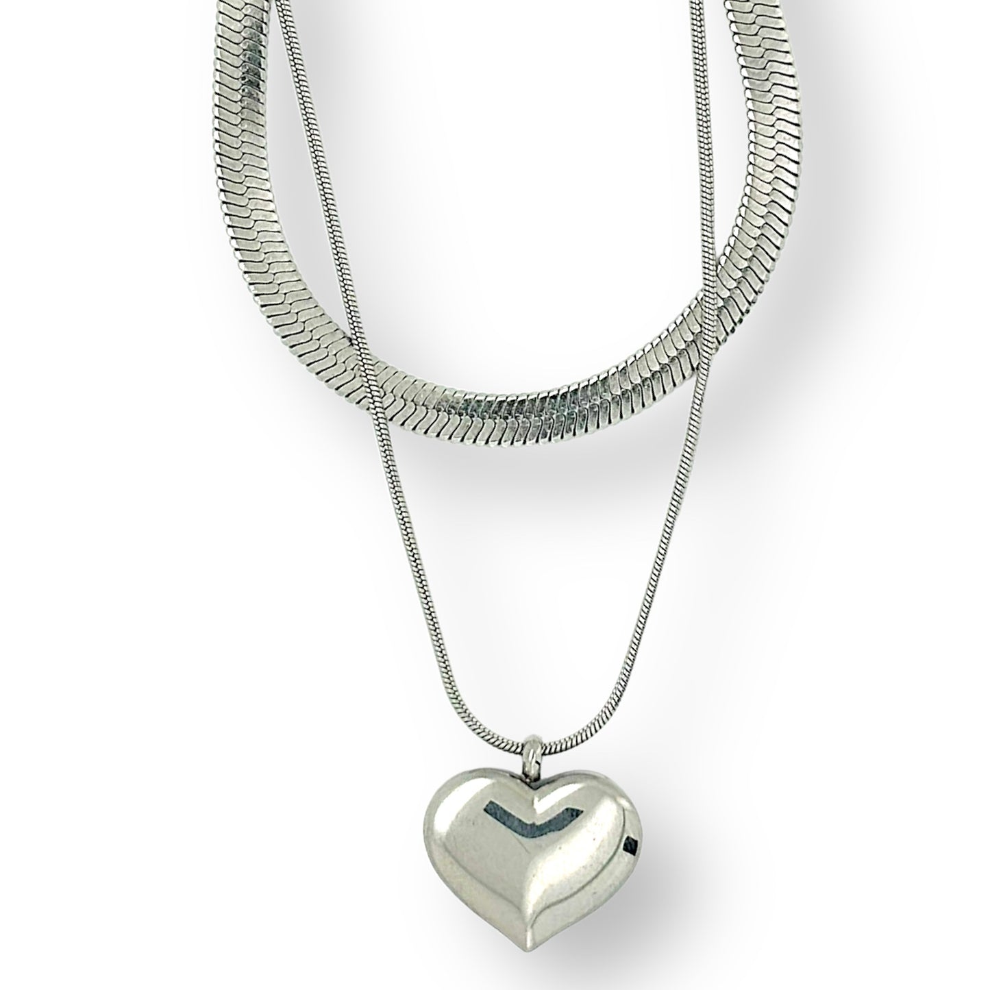 Two necklace SET snake chain and heart pendant double layer necklace in silver or gold tone