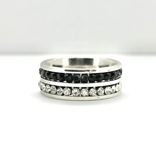 Black and clear crystal double row statement ring in stainless steel size N O P Q R S T U V W Male female unisex R15