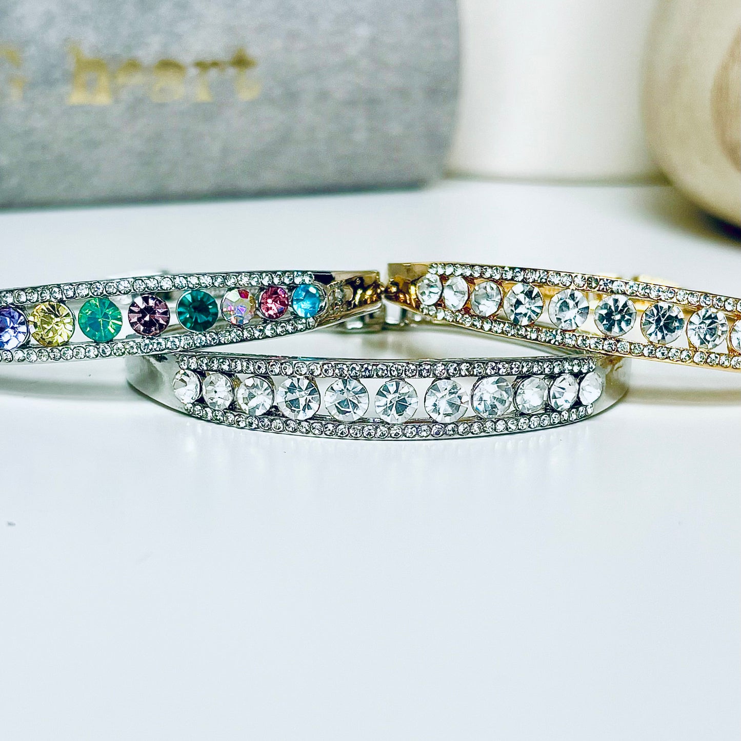 LEAbu row of solitaire crystals bangle in silver, gold and multicolour P4