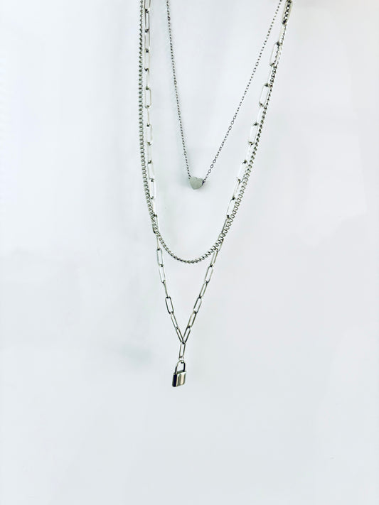 Triple layer lock drop crystal and paper chain necklace, in gold or silver p11