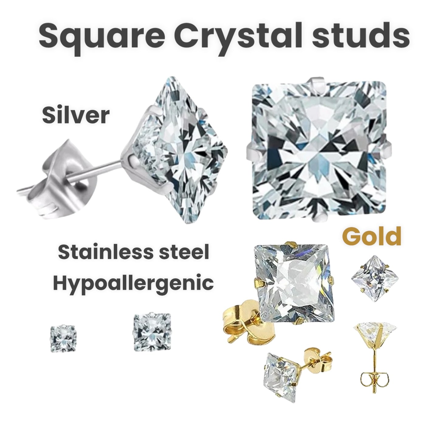 Earring bundle 3 pairs of crystal earrings. Heart, square and solitaire crystals. Hypoallergenic stainless steel water and tarnish resistant silver or gold men or women boys girls 6mm and 4mm sizes