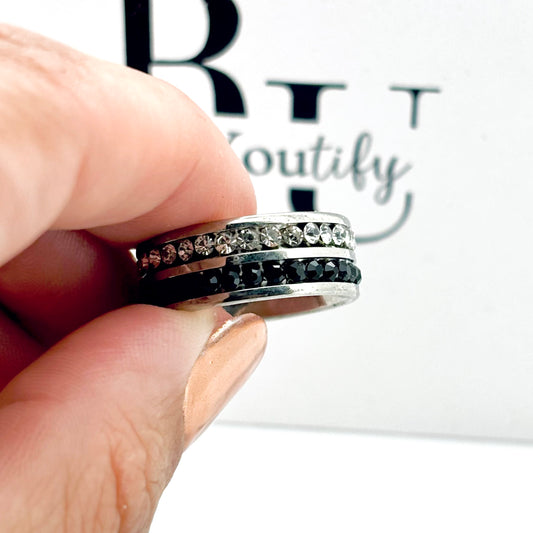 Black and clear crystal double row statement ring in stainless steel size N O P Q R S T U V W Male female unisex R15