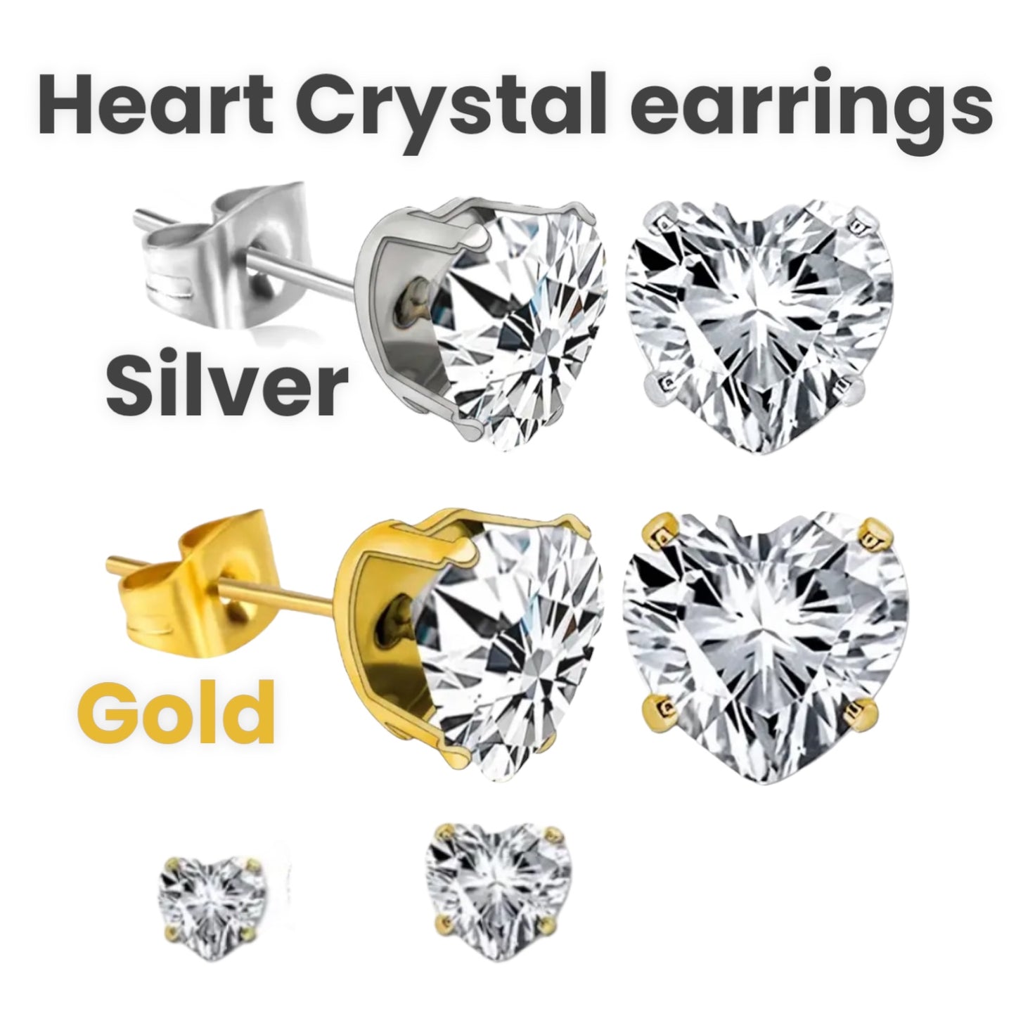 Earring bundle 3 pairs of crystal earrings. Heart, square and solitaire crystals. Hypoallergenic stainless steel water and tarnish resistant silver or gold men or women boys girls 6mm and 4mm sizes